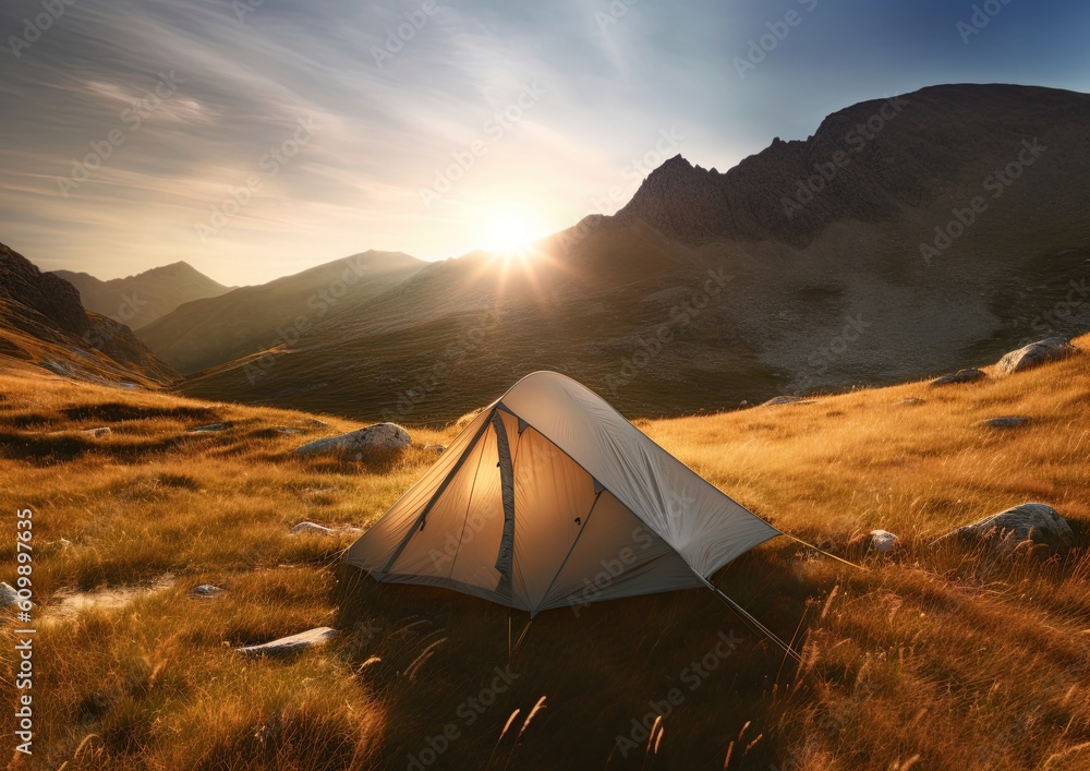 Tent in the mountain. Camping in wilderness. Recreation and hiking concept. Generative Ai