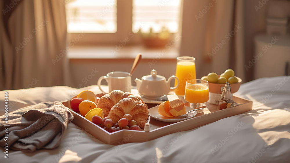 tray with breakfast food on the bed inside a bedroom. Generative Ai tray with breakfast food on the bed inside a bedroom. Generative Ai