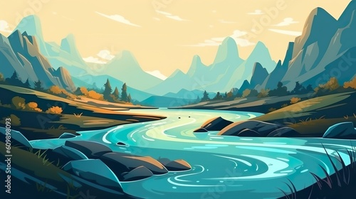 Background river winding through hills. Eye-catching banner design featuring an illustrated river winding its way through picturesque hills. Generative AI.