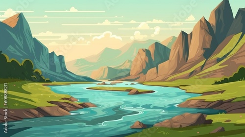 Background river winding through hills. illustration of a serene river winding through beautifully depicted hills, perfect for various banner design. Generative AI.