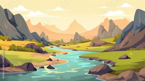 Background river winding through hills. Abstract banner design with an intricate illustration of a river gracefully navigating through hilly terrain. Generative AI.
