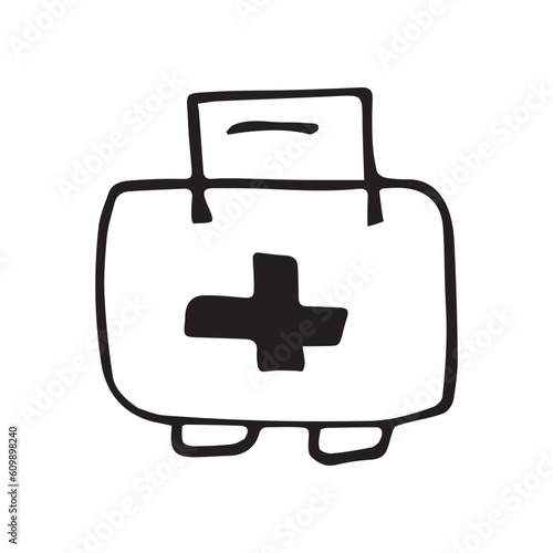 first aid kit. doodle art. in black and white and red. on a white background. icons. easy drawing. the medicine.