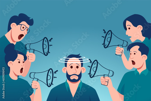Vector of a group of people screaming in megaphones at a scared young guy