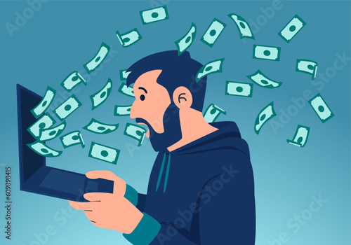 Vector of a man holding laptop and winning a lot of money in social media.