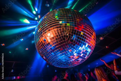 People crowd throng dancing under colorful neon lights of disco mirror ball. Generative AI