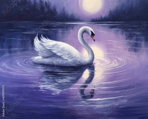 swan gracefully gliding across a moonlit lake. combination of deep blues, purples, and silver tones to evoke a sense of enchantment and magic