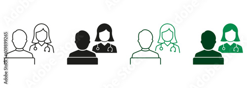 Health Care Symbol Collection. Psychotherapist Talk with Client. Patient and Doctor Consultation. Hospital Physician Counseling Patient Line and Silhouette Icon Set. Isolated Vector Illustration
