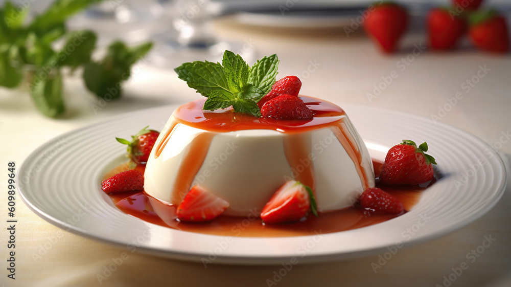 italian panna cotta dessert with strawberry sirup and mint leaf. Generative Ai italian panna cotta dessert with strawberry sirup and mint leaf. Generative Ai