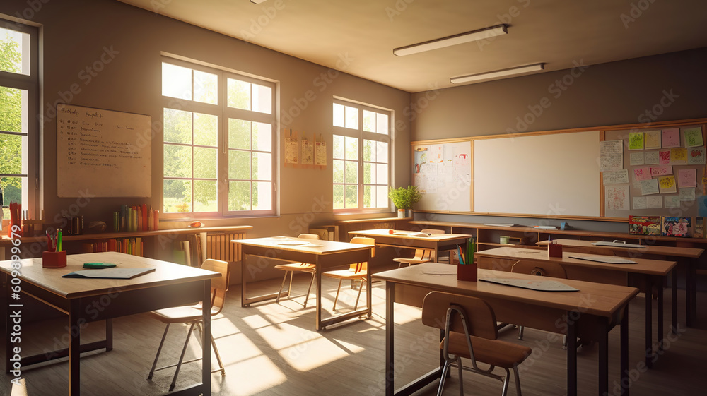 School classroom with school desks and blackboard. Generative Ai School classroom with school desks and blackboard. Generative Ai