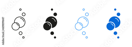 Effervescent Champagne, Clear Soda, Aquarium Sphere Drops Symbol Collection. Soap, Foam, Fizzy Drink Black and Blue Pictogram. Water Bubbles Line and Silhouette Icon Set. Isolated Vector Illustration