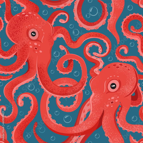 Seamless pattern of two red octopuses playing in the water, wriggling their tentacles