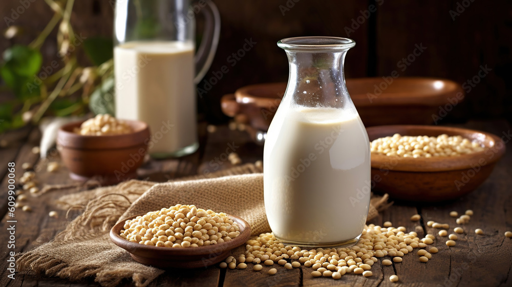 Reptientes with soy milk and grains on a wooden table and rustic kitchen background. Generative Ai Reptientes with soy milk and grains on a wooden table and rustic kitchen background. Generative Ai