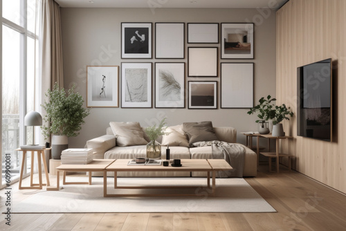 interior: Serene and harmonious space adorned with natural tones, sleek furniture, and tranquil ambiance, photo frame, sofa in warm tone, Asian style, AI