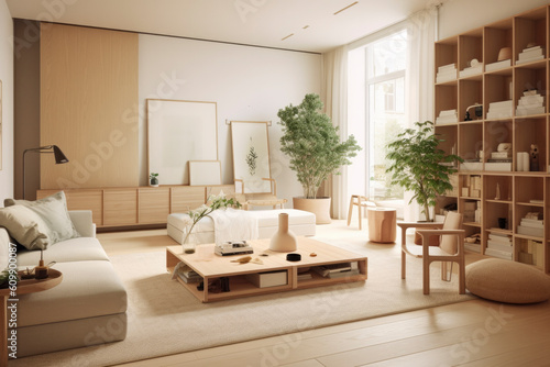 interior: Serene and harmonious space adorned with natural tones, sleek furniture, and tranquil ambiance, photo frame, sofa in warm tone, Asian style, AI