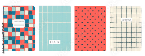 Set of cover bright page templates based on grid seamless patterns, spiral lines, plaid pattern. Plaid backgrounds for school notebooks, diaries. Headers isolated and replaceable