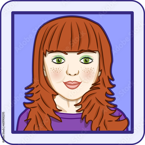 Avatar profile pic of young woman with red hair, freckles and green eyes. Vector illustration.