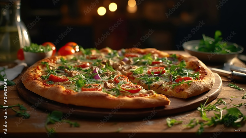 delicious vegetarian pizza with arugula on wooden table. Generative Ai