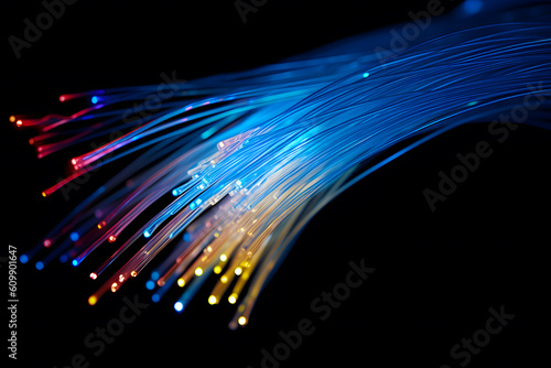 Fiber optic, glowing filament beam on a dark background. Generative AI.