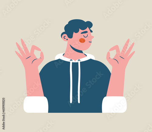 Young man in hoodie shows ok gesture with hands. Clip art with cartoon cute boy with closed eyes. Funny illustration for poster, card, banner, sticker. Mental health support, self care concept. 