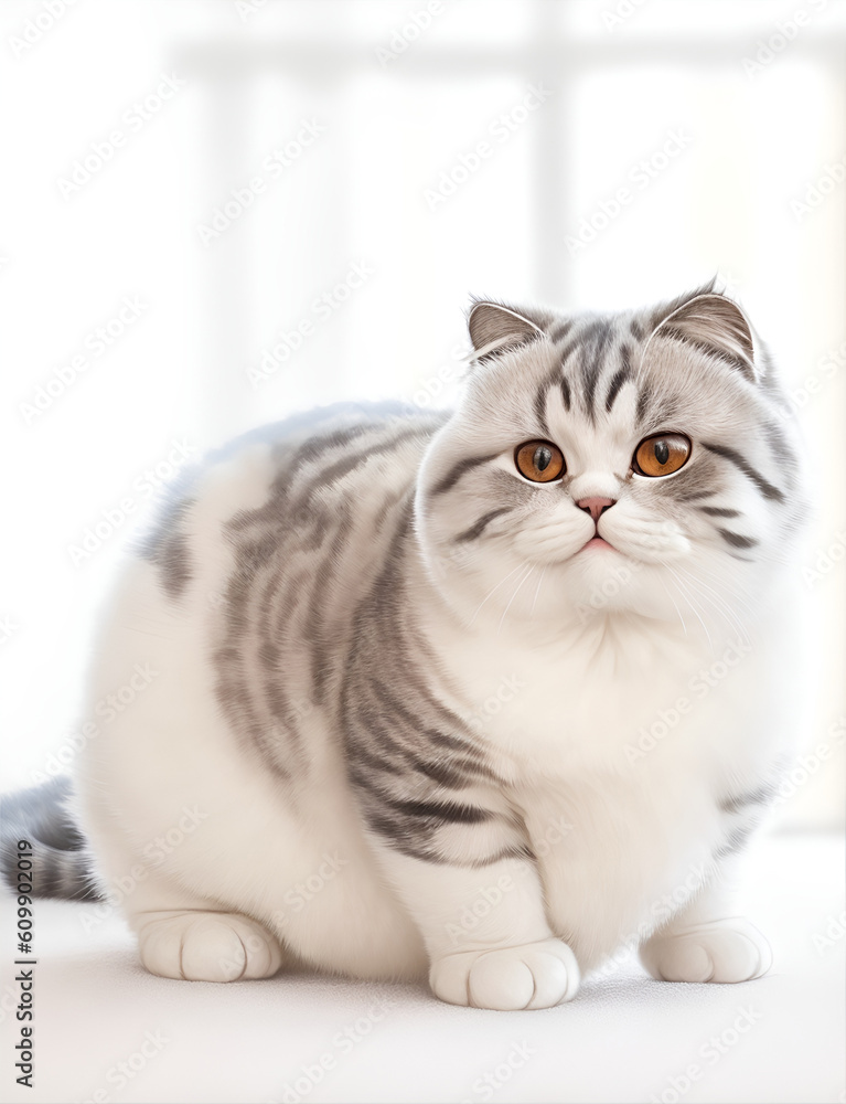 Cute White with Gray Stripes Scottish Fold Cat. Generative with AI Technology. Cute White with Gray Stripes Scottish Fold Cat. Generative with AI Technology.