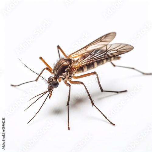 Mosquito closeup isolated on white, macro of a living insect. AI generated.