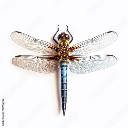 Dragonfly closeup isolated on white, macro of a living insect. AI generated.