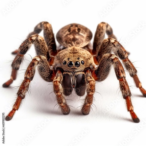 Spider tarantula closeup isolated on white, macro of a living insect. AI generated.