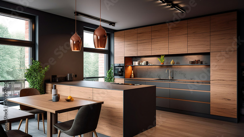 Stylish apartment interior with modern kitchen. Generative Ai © PRI