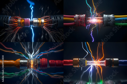 Two wires of the connector are connected to each other and an electric arc of spark current occurs between them. Generative AI.