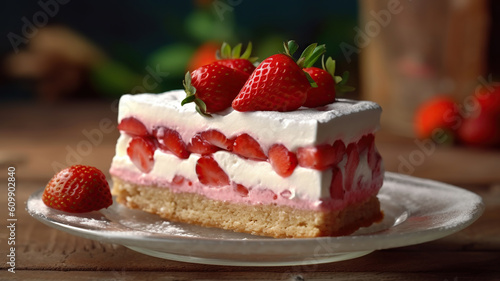 delicious strawberry cake with cream on wooden table. Generative Ai