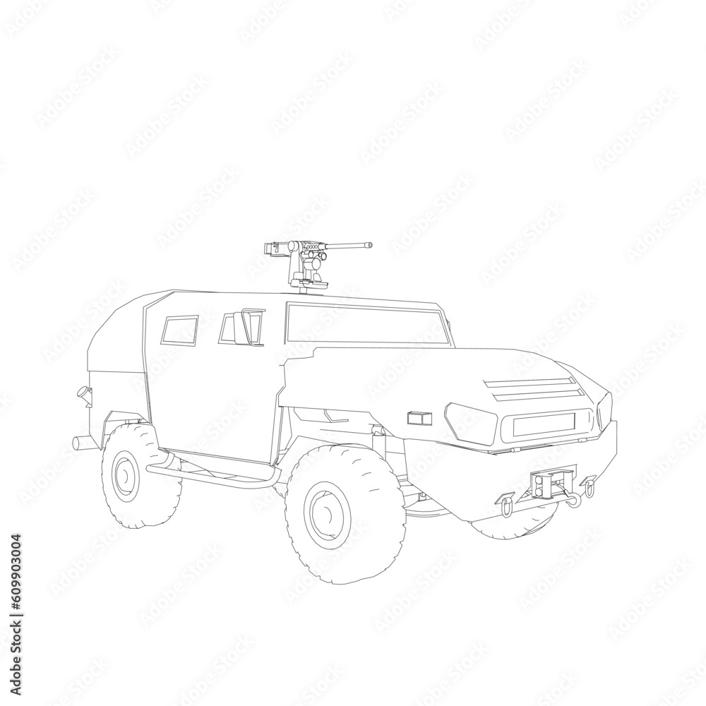Army truck transportation for operation war vector design illustration. Truck in desert. Light armored car. Outline military SUV. Off-road vehicle. Vector image for prints, poster and illustrations..