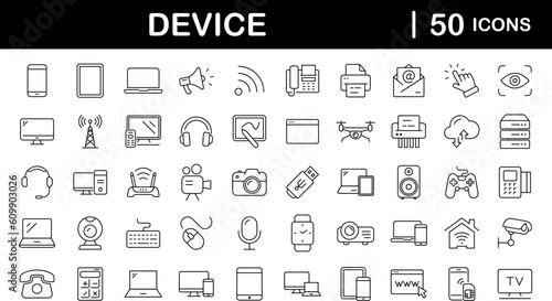 Devices set of web icons in line style. Electronic devices and gadgets icons for web and mobile app. Smart devices, technology, computer monitor, smartphone, tablet, laptop, drone. Vector illustration