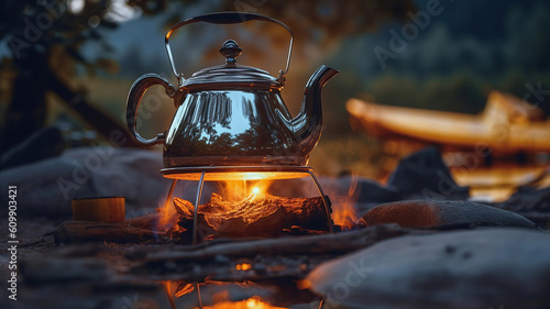 Vintage coffee pot on camping fire. Wonderful evening atmospheric background of campfire. Generative Ai