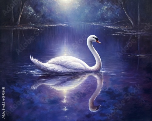 swan gracefully gliding across a moonlit lake. combination of deep blues, purples, and silver tones to evoke a sense of enchantment and magic © PinkiePie