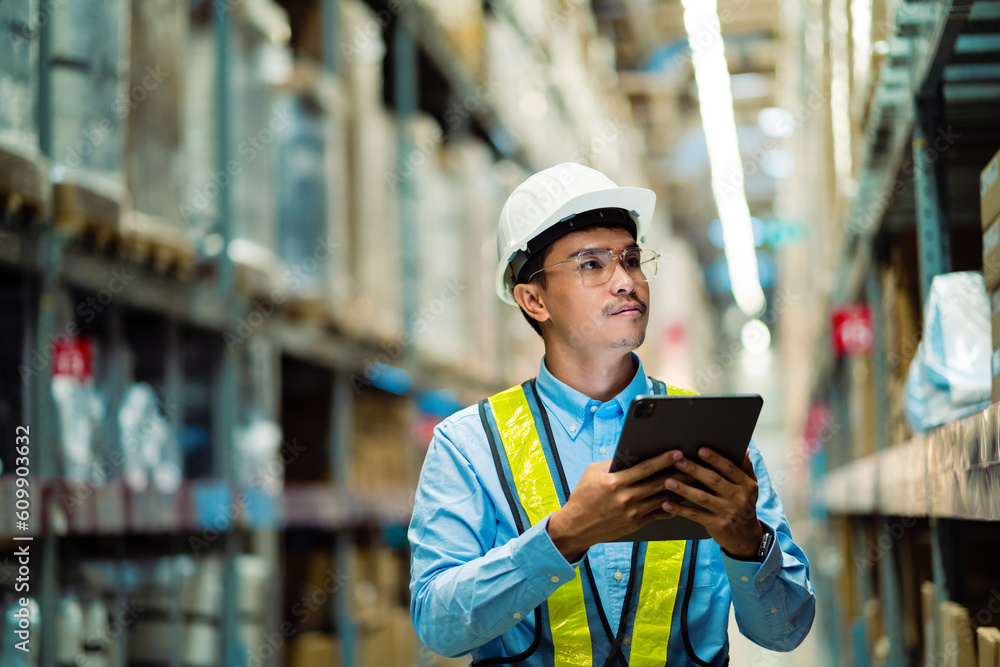 Happy engineer or employee working in distribution center Logistics and export businesses, factories, warehouses. business Industrial. warehouse. Happy engineer or employee working in distribution center Logistics and export businesses, factories, warehouses. business Industrial. warehouse.