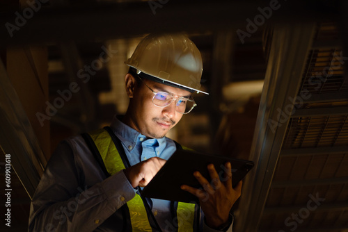 Photography Asian engineer at power station using digital tablet working night shift at petroleum oil refinery in engineering industrial estate Fuel, renewable energy, industrial plants