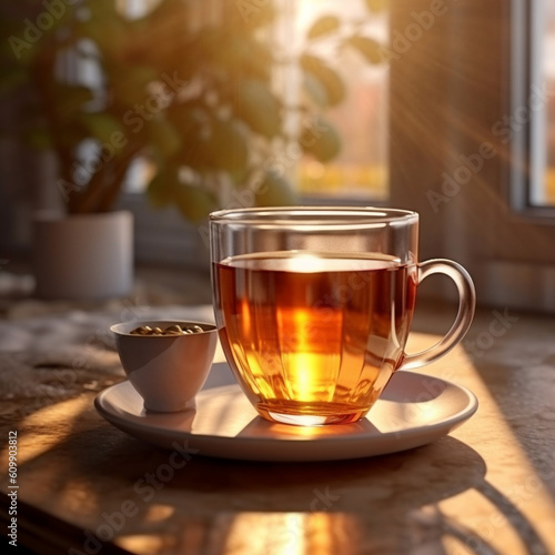a hot and warm teacup with caffiene beside it on top of saucer, with background of beautiful green plant and sunshine light in the morning