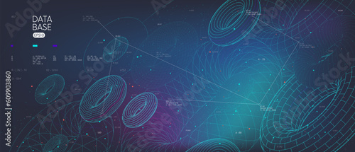 Database organization visualization analytics and statistics of digital information, database and cloud big data storage concept, vector wireframes 3d geometric shapes