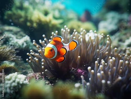 The clown fish on the aquarium with plants and stones