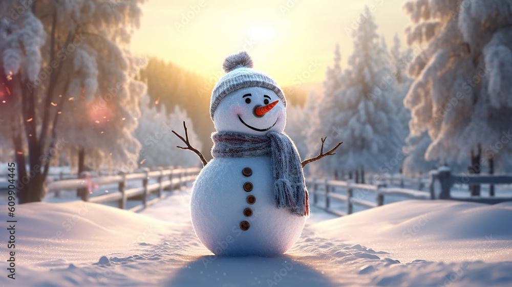 Fototapeta premium Happy snowman standing in winter christmas landscape. Generative Ai