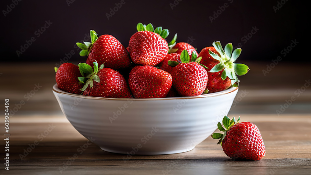 Fresh strawberries in a bowl on wooden table. Generative Ai Fresh strawberries in a bowl on wooden table. Generative Ai