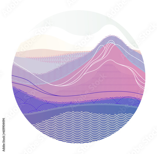 Nature art oriental Japanese style vector abstract background in a shape of circle, runny like water shapes and lines with textures.