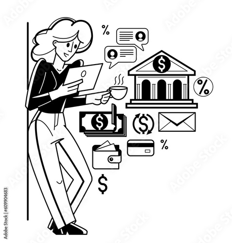 Online banking vector outline illustration, woman manager working with finances or customer manages her account with deposit or credit, e-banking.