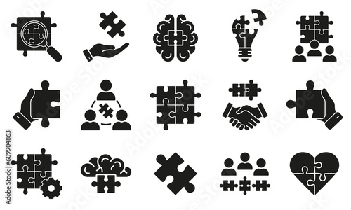 Team Connection, Communication Management Glyph Pictogram. Jigsaw Puzzle Pieces Together Solid Symbol Collection. Business Partnership, Teamwork Silhouette Icon Set. Isolated Vector Illustration