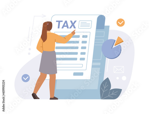 Woman filling tax form, payment and business invoices, flat cartoon. State government taxation, calculation of tax return. Paper documents, girl pay bills, payrolls, plants charts vector illustration