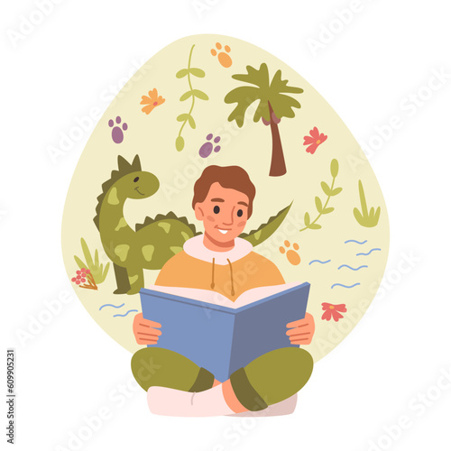 Little boy reading book about dinosaur animals flat cartoon vector illustration. Sitting guy with fairy tale book about dino, palm trees and floral elements. Small boy read fairy-tale about nature