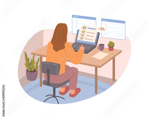 Human resource manager hiring looking at candidates resume flat cartoon vector illustration. Job interview, recruitment agent woman looking at CV of potential workers at computer, hiring agency