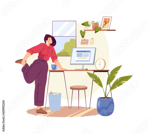 Flat cartoon woman stretch at workplace at home near computer table. Vector employee manager stretching at work, businesswoman has rest and doing stretching exercises, fitness and yoga