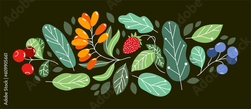 Wild berries fresh and ripe tasty healthy food with leaves vector flat style illustration over dark background, delicious vegetation diet eating, nature gifts.