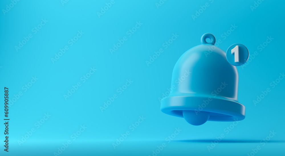Notification with bell icon on a blue background copy space. 3d rendering. Alarm clock, reminder, mobile phone concept. Notification with bell icon on a blue background copy space. 3d rendering. Alarm clock, reminder, mobile phone concept.